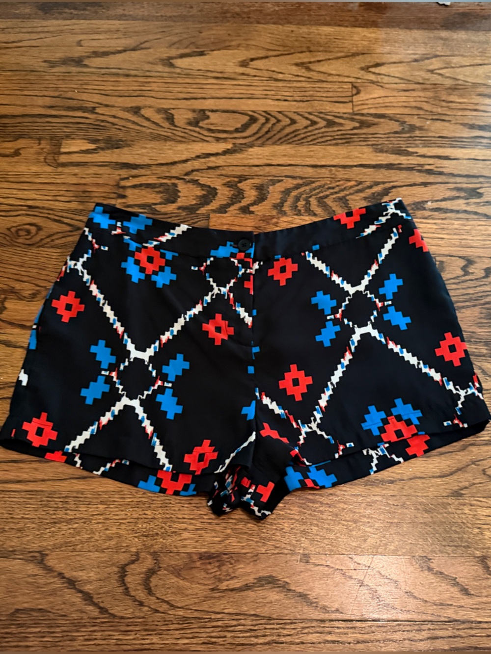 Ecote Black Shorts with Red & Blue Geometric Print